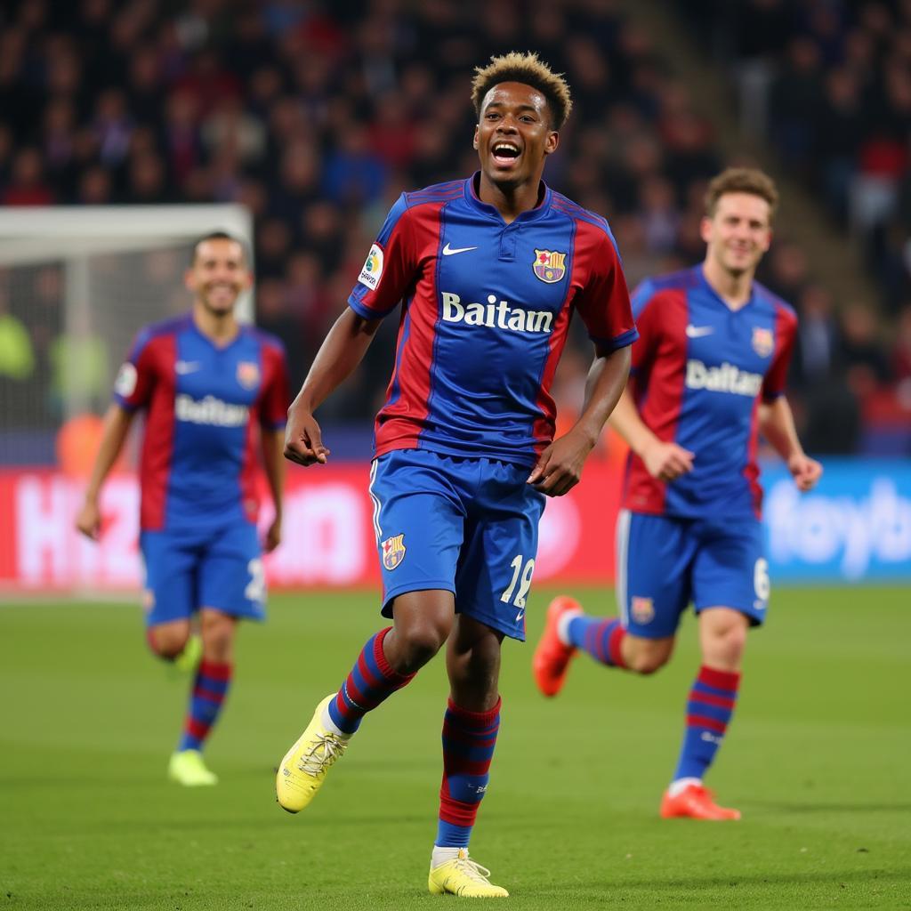 Lamine Yamal celebrates a goal with his teammates, demonstrating his joy and passion for the game.