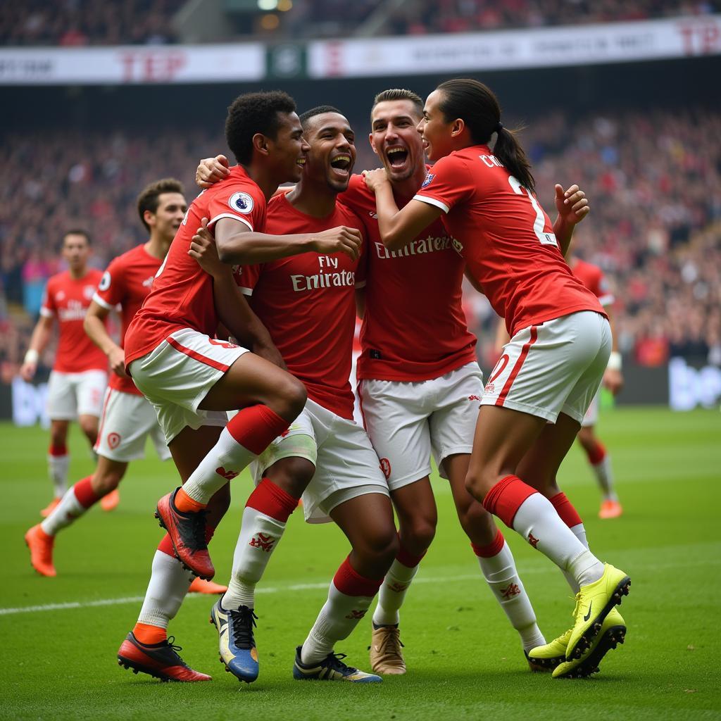 Lamine Yamal celebrates a goal with his teammates, raising his arms in triumph and a wide smile on his face.