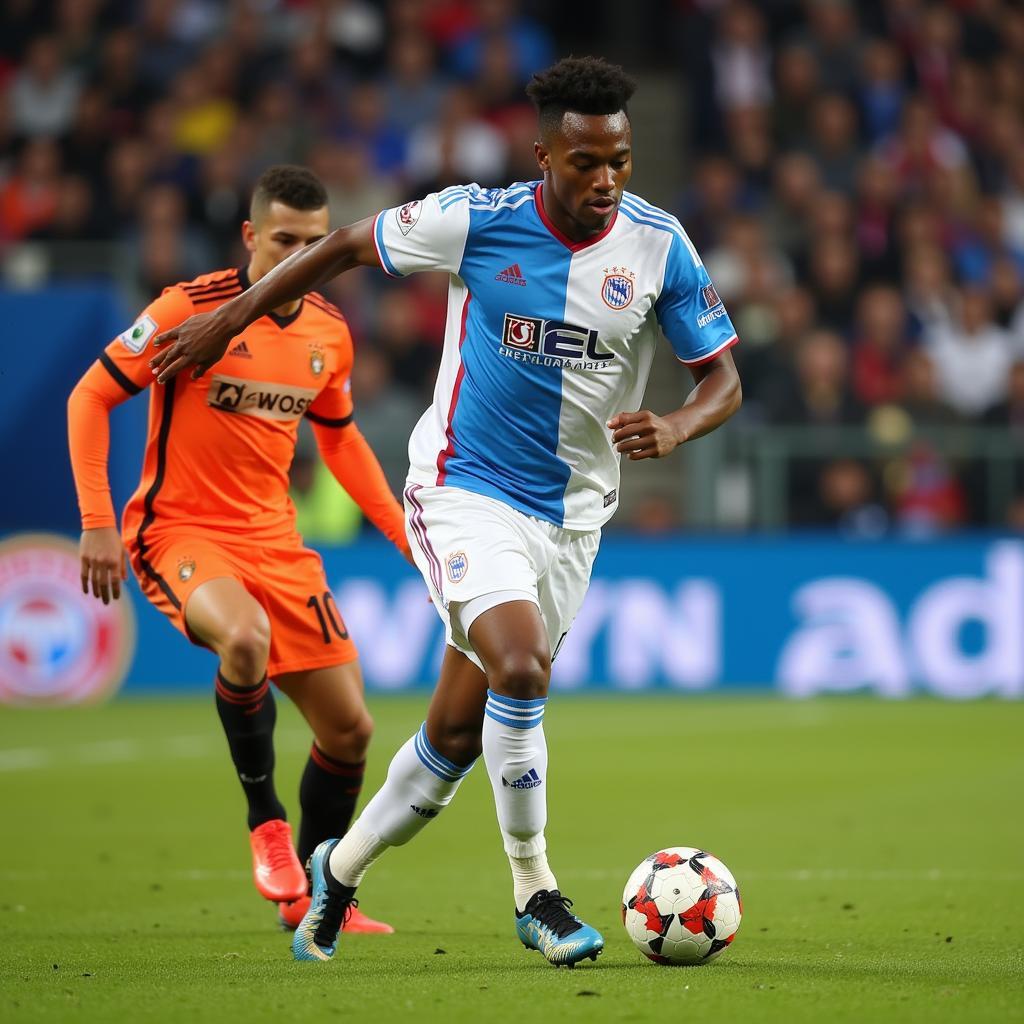 Lamine Yamal dribbling the ball past an opponent during a match, showcasing his exceptional ball control and agility.