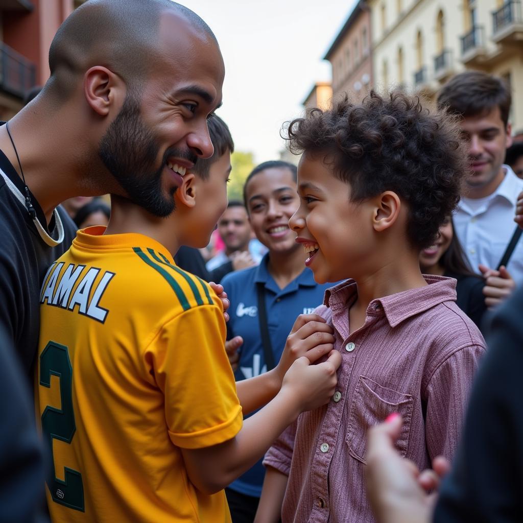 Lamine Yamal signs an autograph for a young fan, smiling warmly and engaging with the child.