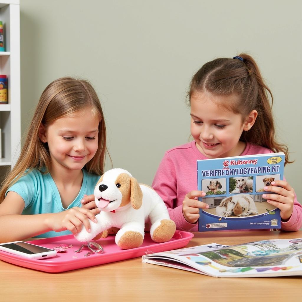 Children using a veterinarian kit while reading an animal encyclopedia.