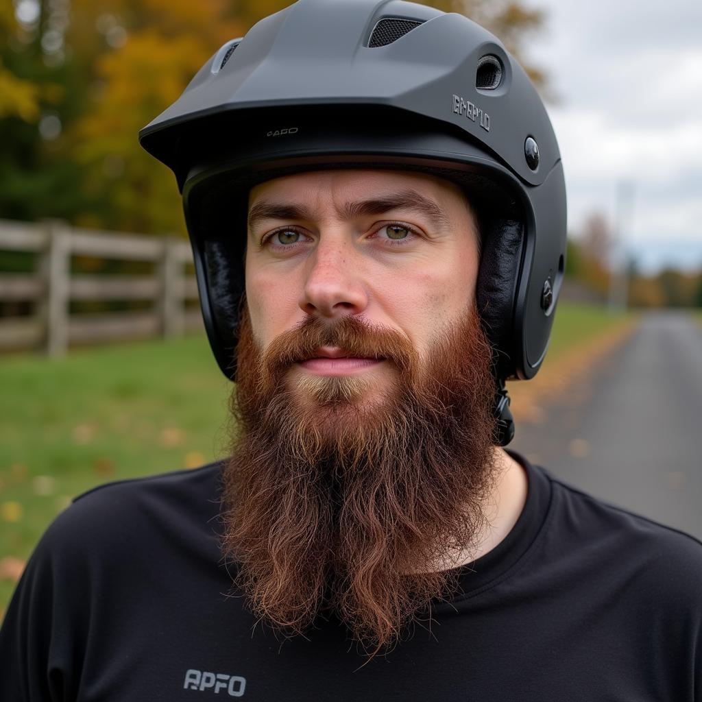 A man with a long beard wearing a full face helmet.