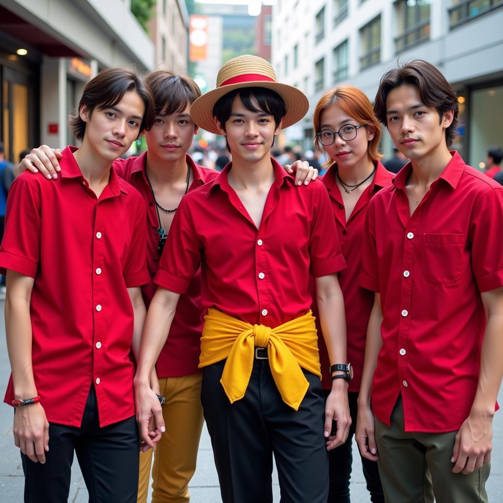 Cosplayers wearing Luffy's signature red shirt