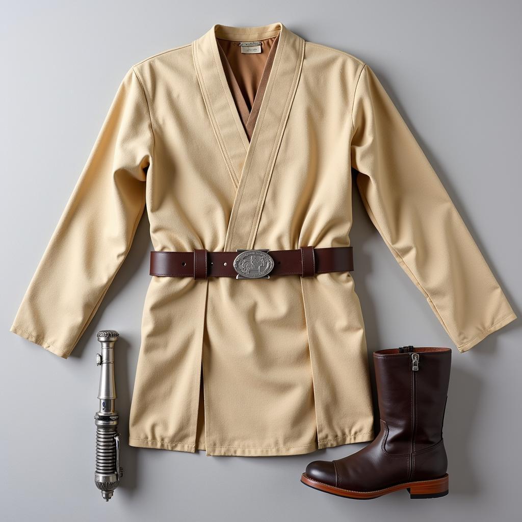 Luke Skywalker Jedi Knight Costume Components: A close-up view of the essential elements, including the tunic, belt, lightsaber hilt, and boots.