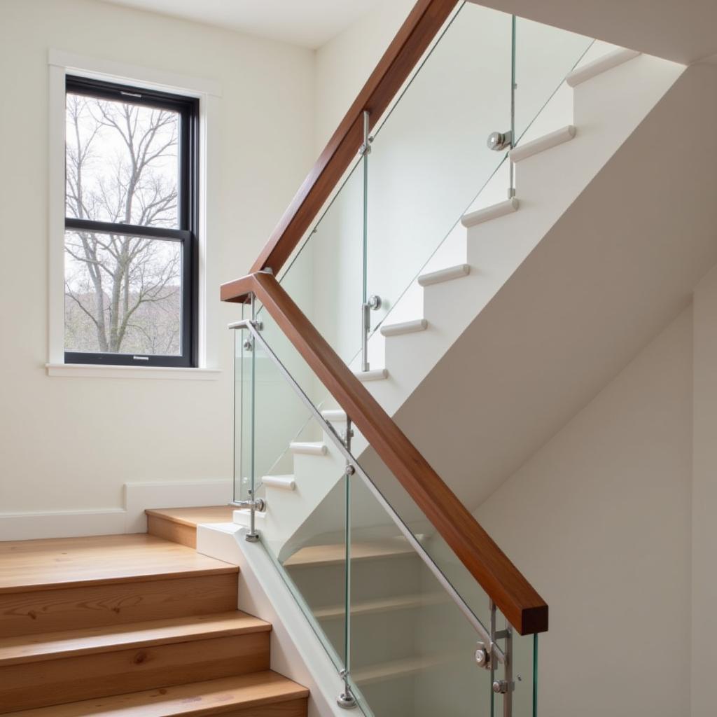 A sleek mahogany banister rail complements the minimalist design of a modern home.