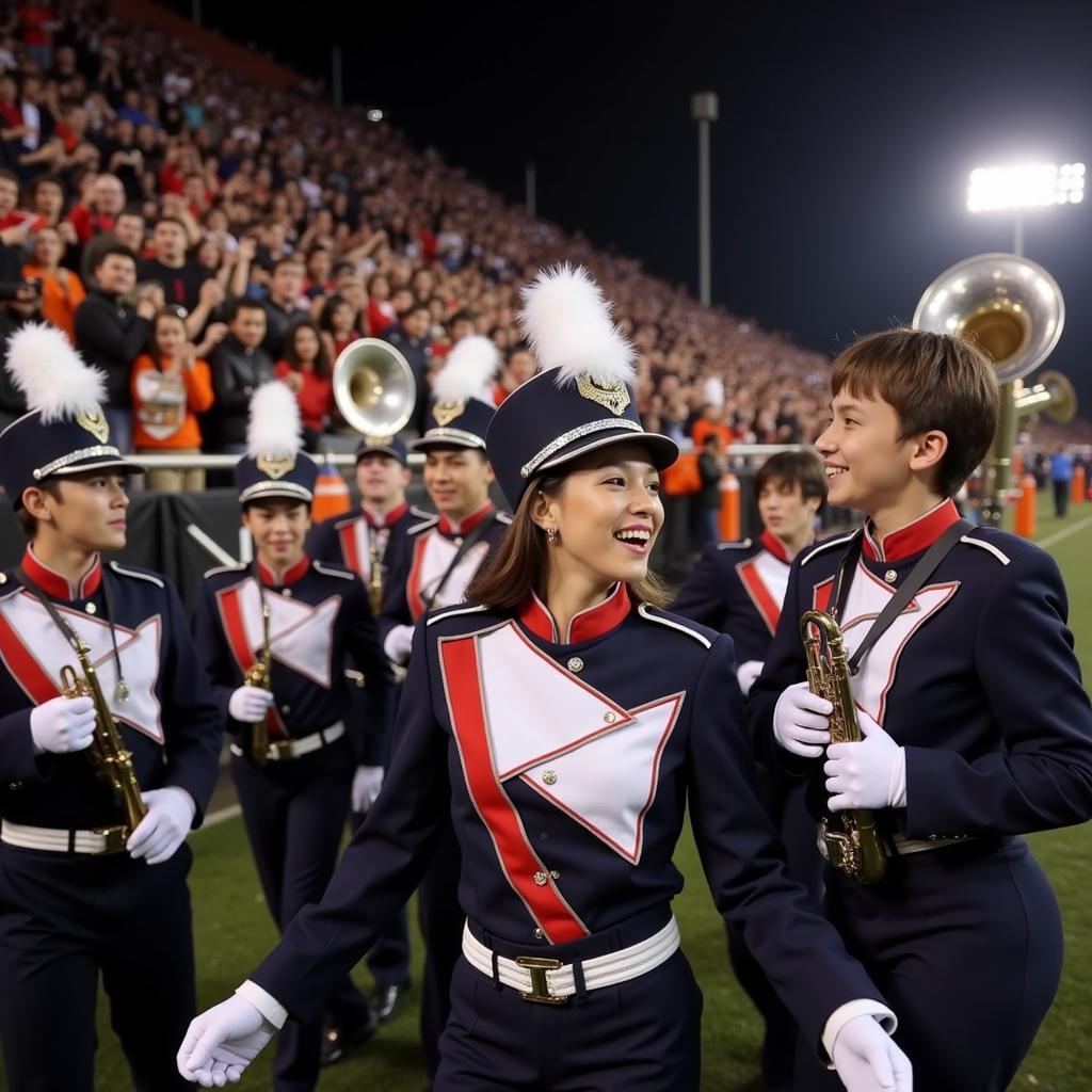 Marching band members celebrating their successful performance