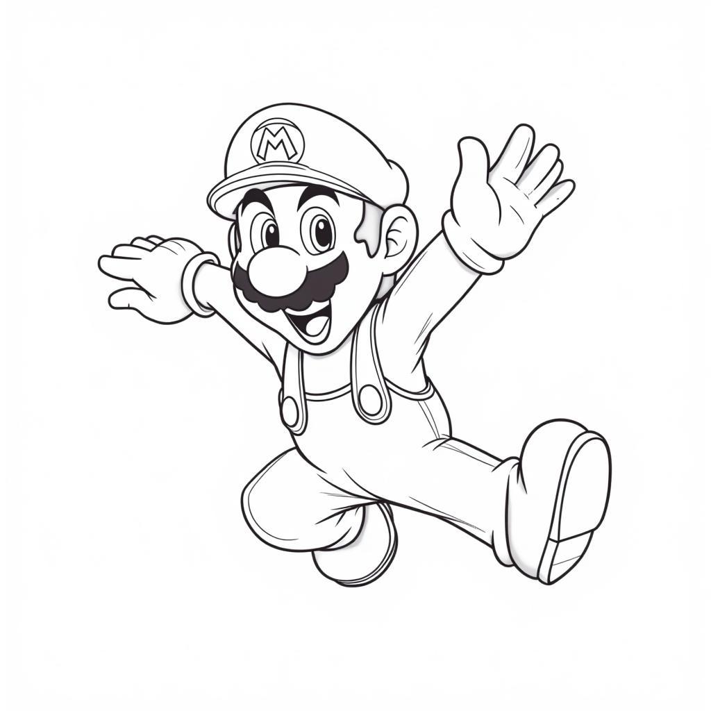 A detailed coloring page of Mario in a dynamic pose, ready to be colored with vibrant colors.