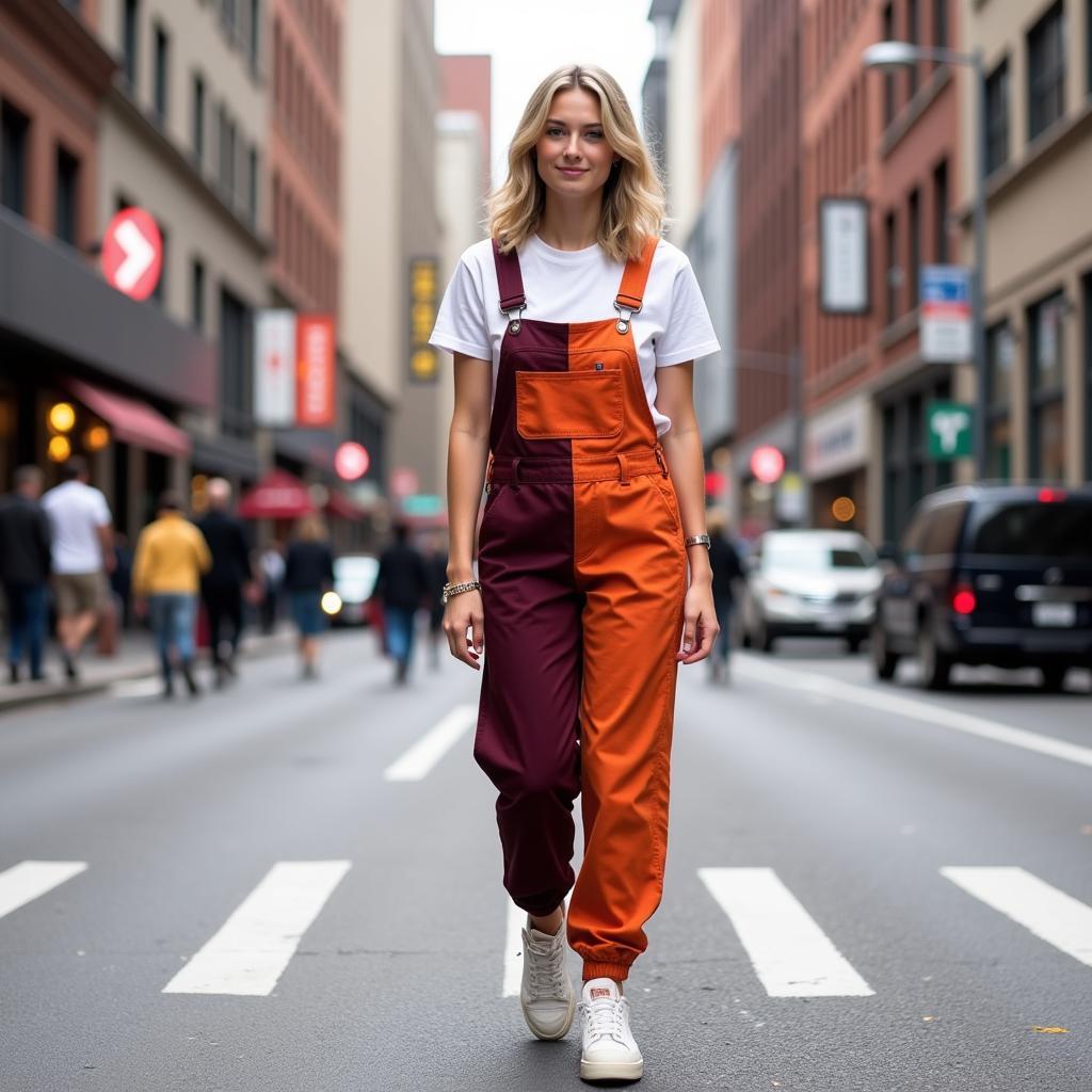 Maroon and Orange Overalls Street Style