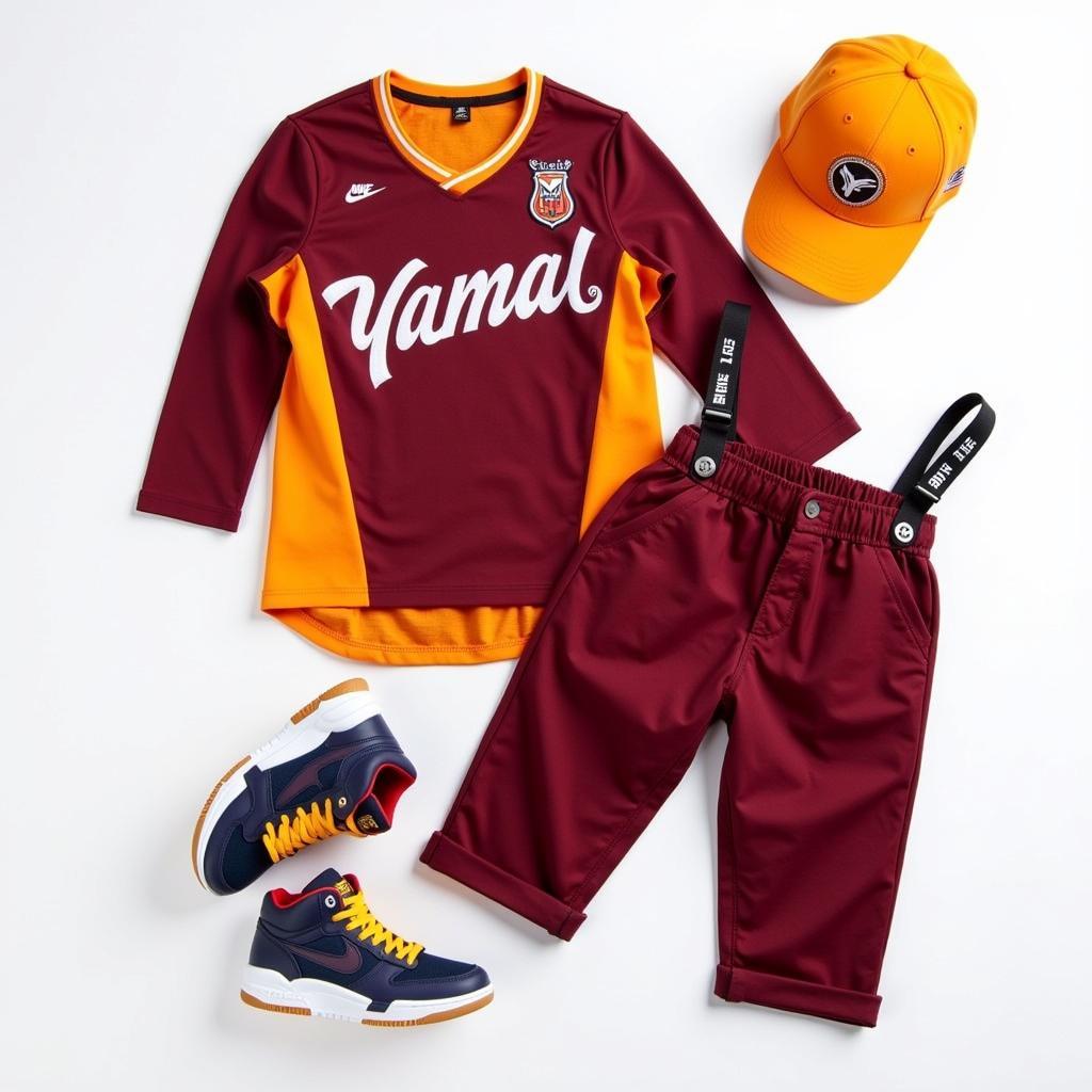 Yamal-Inspired Maroon and Orange Overalls Outfit