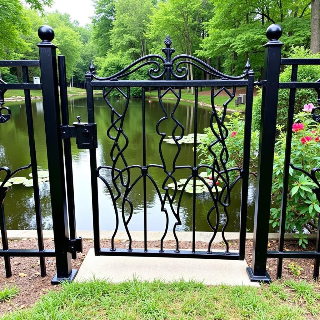 Metal Fence with Gate Around a Pond