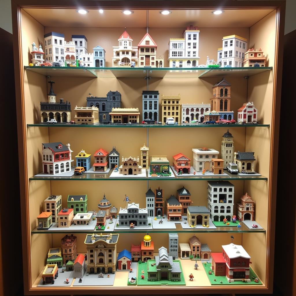 Displaying completed mini building sets in a dedicated space.