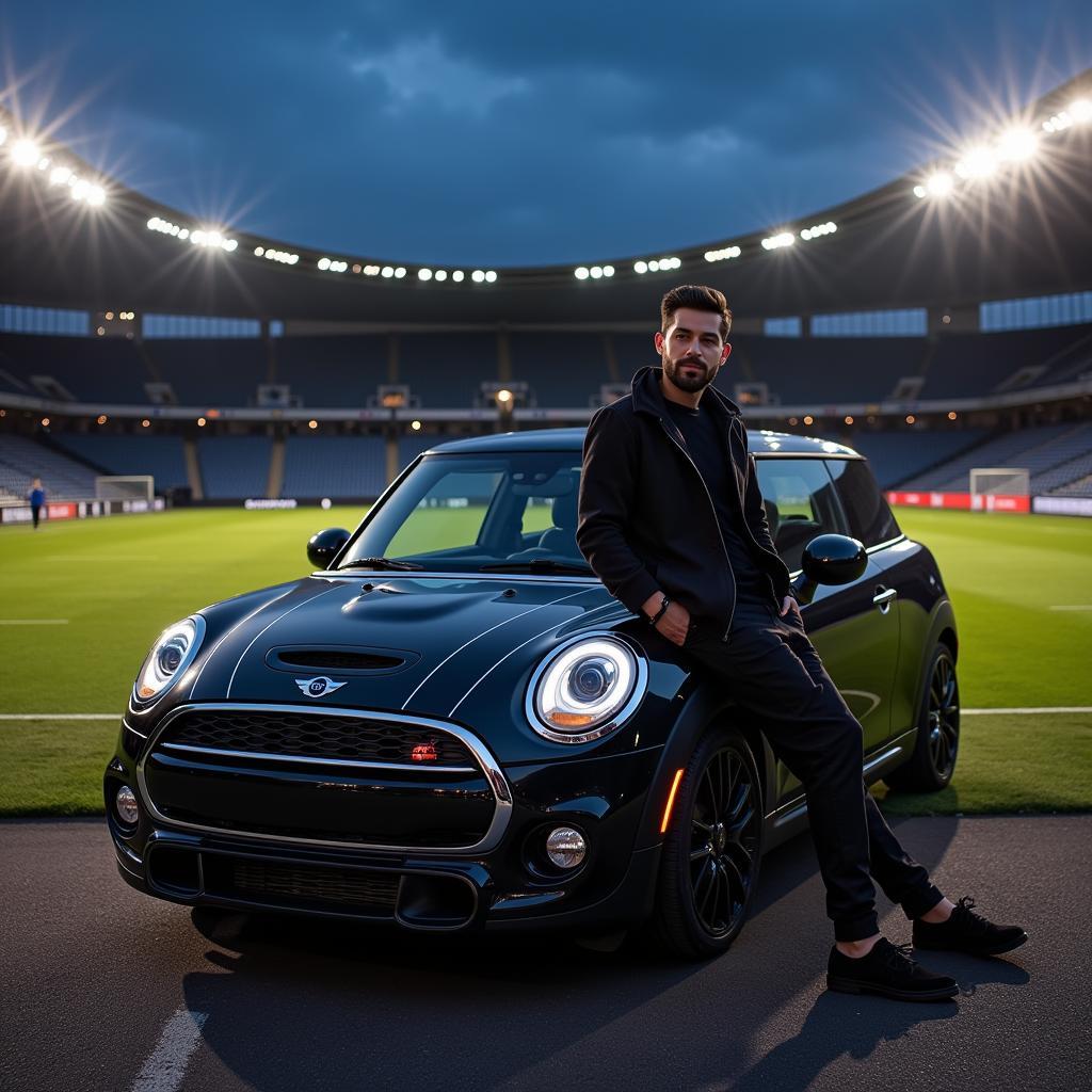 Mini Cooper CAS parked outside a football stadium with Yamal leaning against it