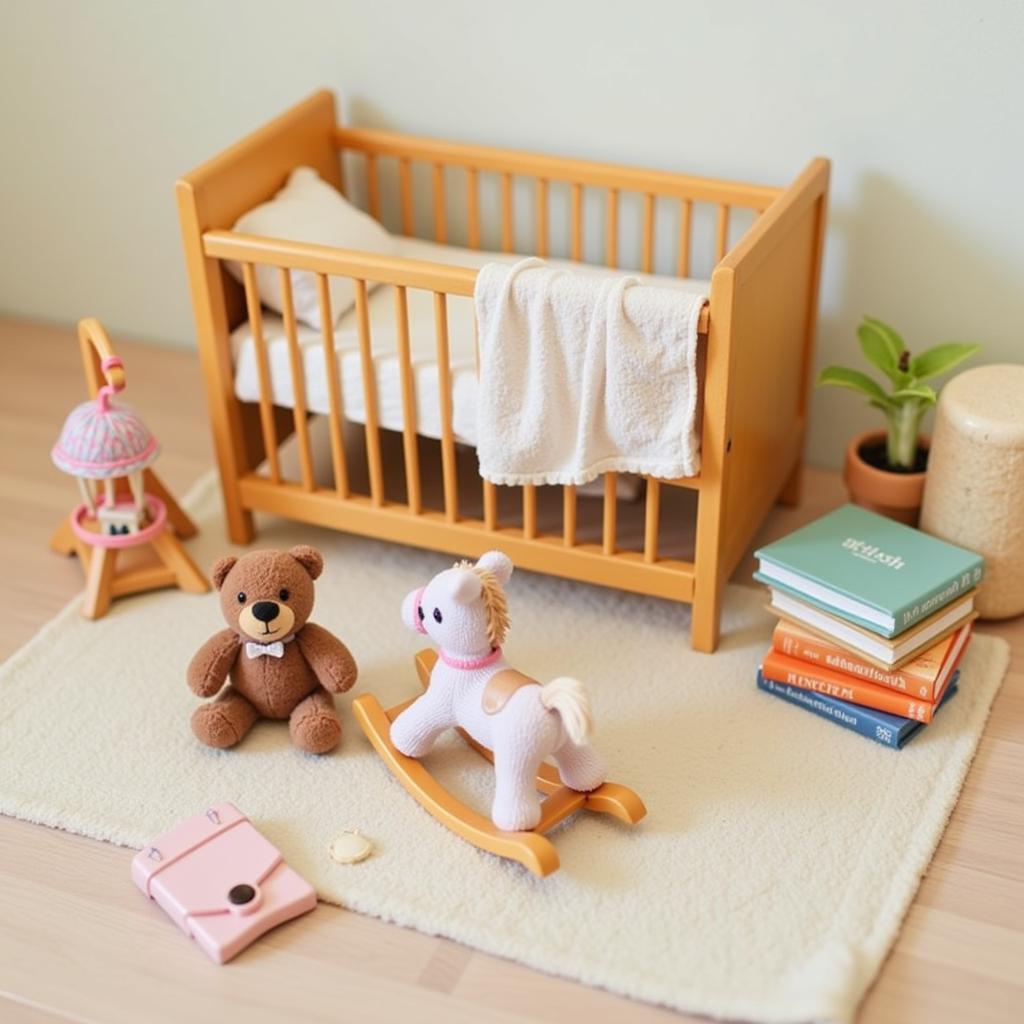 Assortment of miniature nursery accessories, toys, and decor