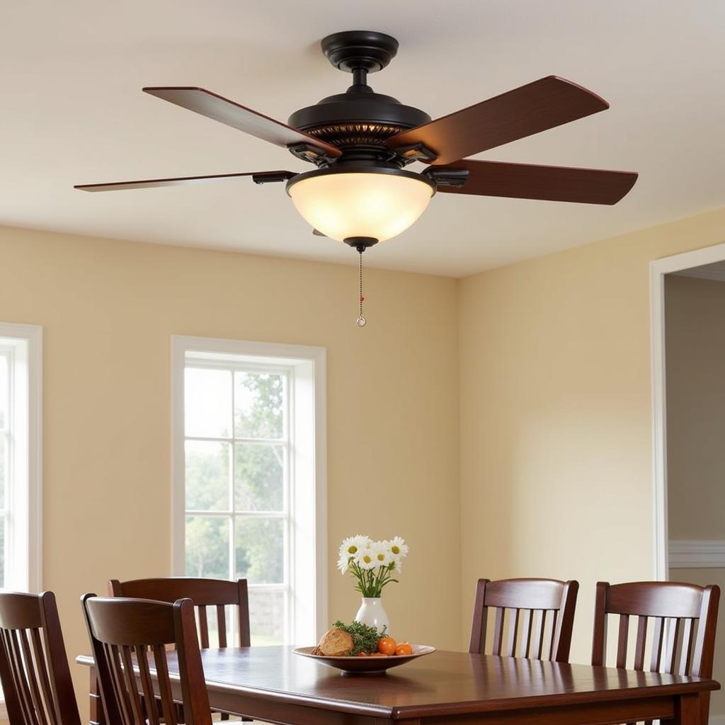 Mission style ceiling fan with light in a dining room