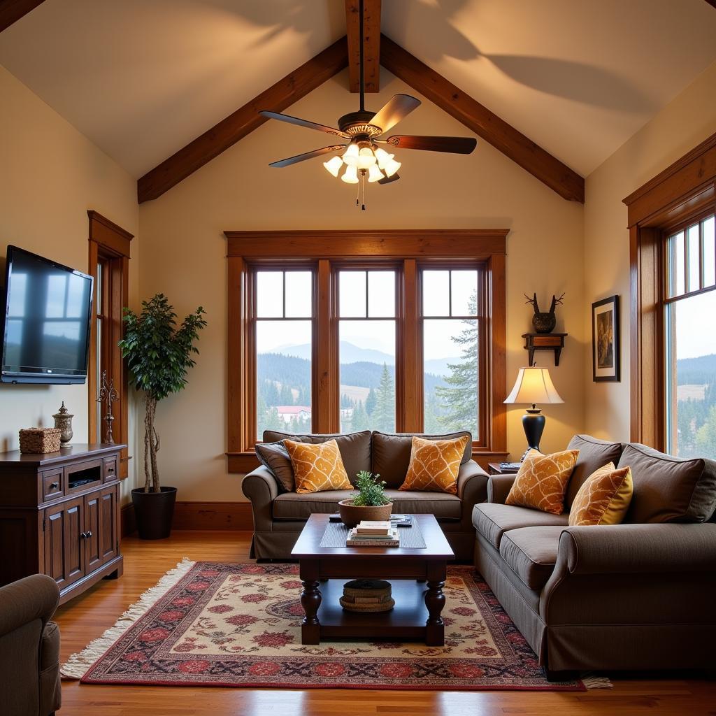 Mission style ceiling fan with light illuminating a cozy living room