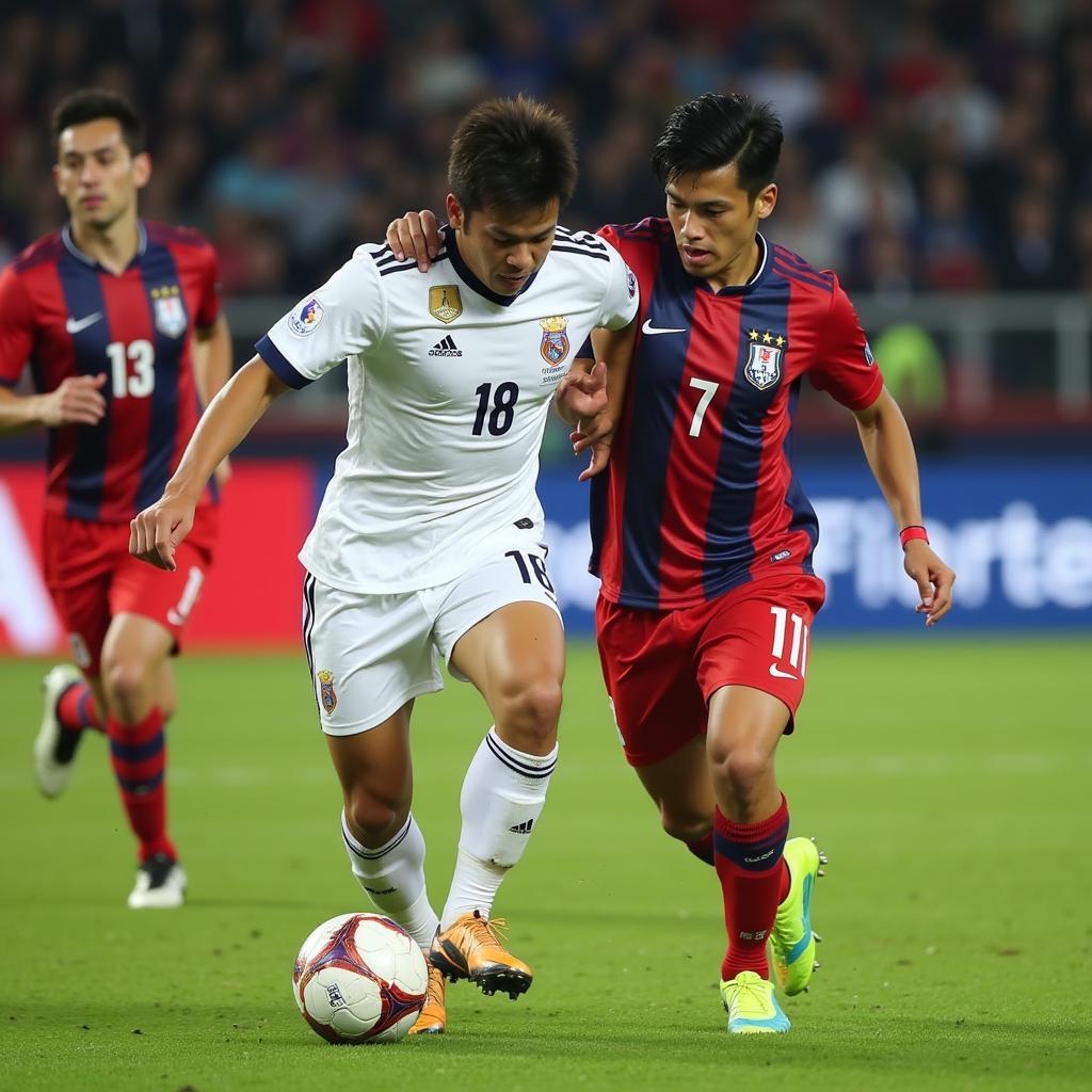 Mitoma dribbling past a defender in his signature cleats