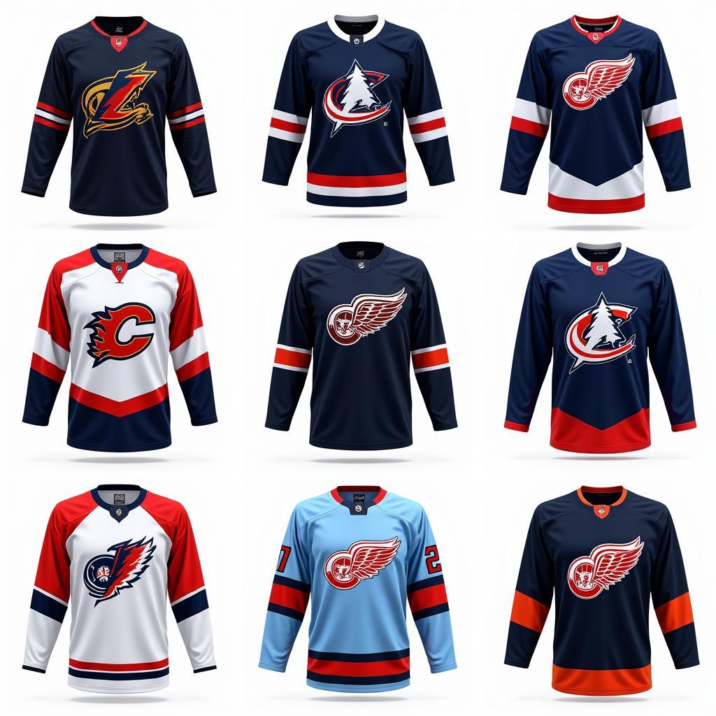 Modern Ice Hockey Jersey Design Trends: showcasing a variety of contemporary jersey designs with different color schemes, logos, and patterns.