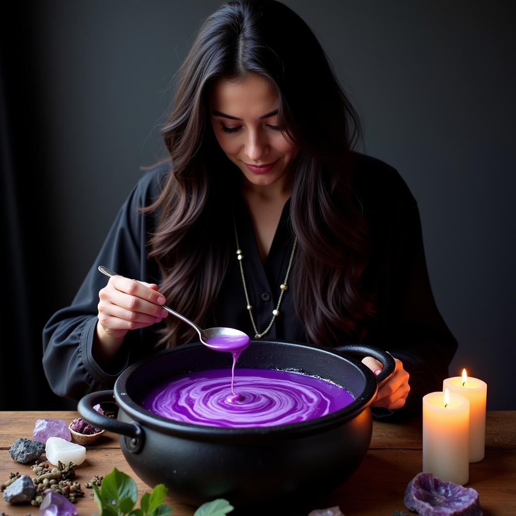 A modern witch stirring a potion in a cauldron, surrounded by crystals and candles.