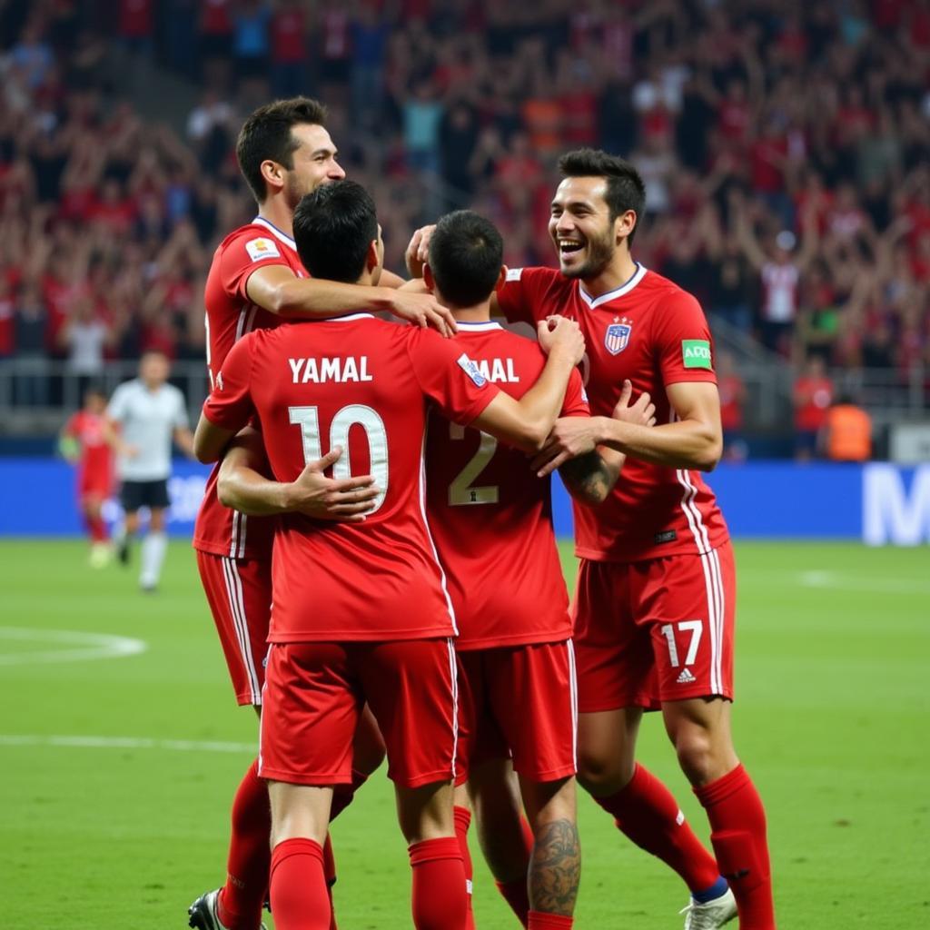 Yamal celebrates a goal with his teammates, highlighting his team spirit and camaraderie.