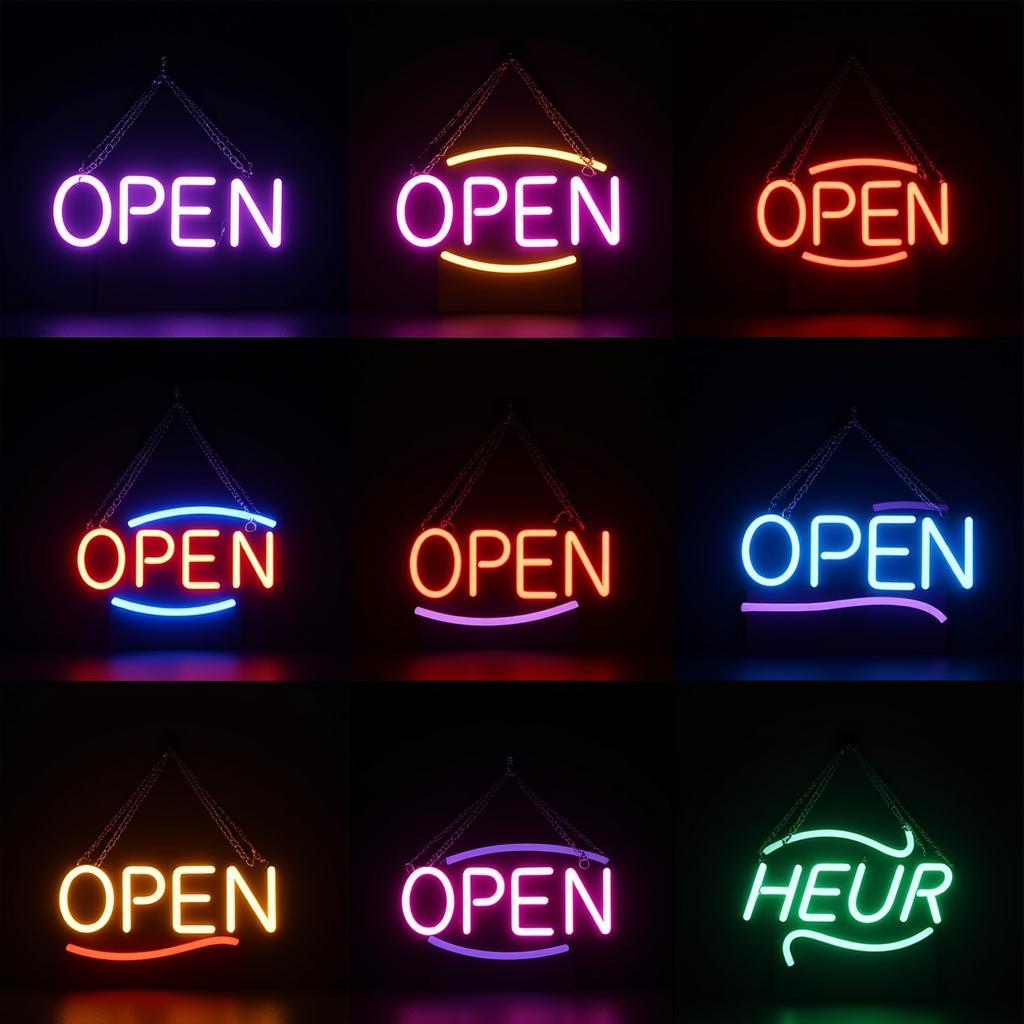 Neon Open Signs in various colors - red, blue, green, and yellow