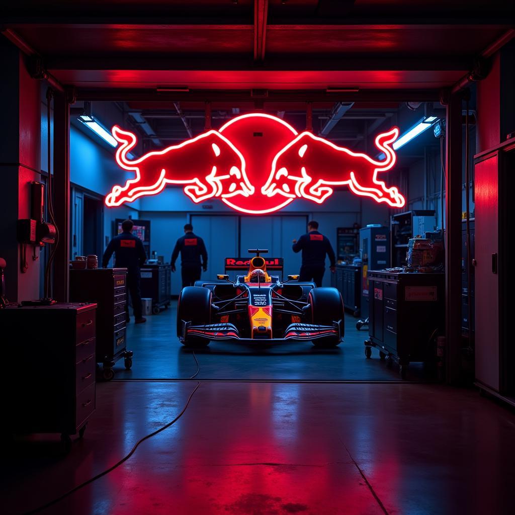 Red Bull Neon Sign in an F1 Garage