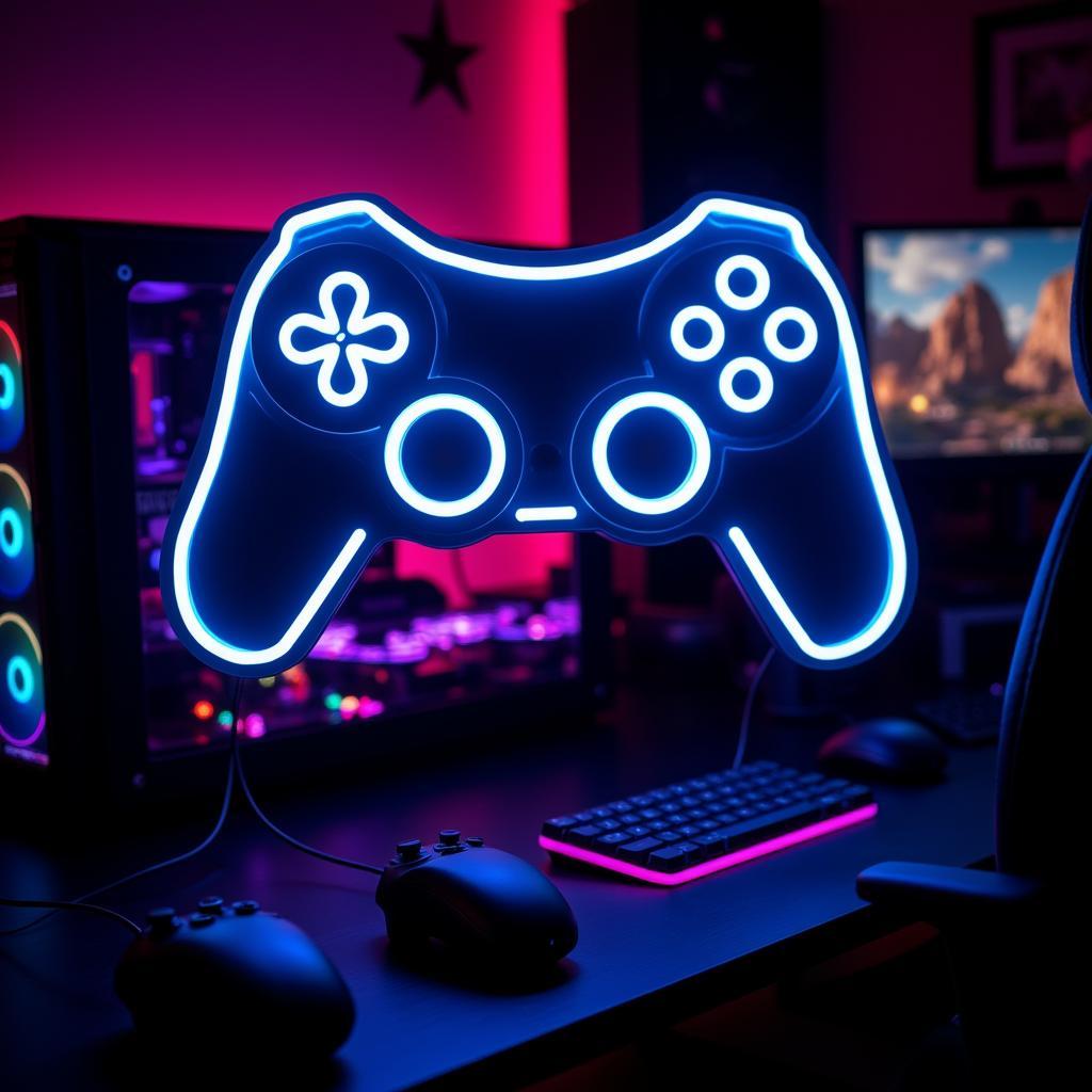 Neon Sign Illuminating a Video Game Setup