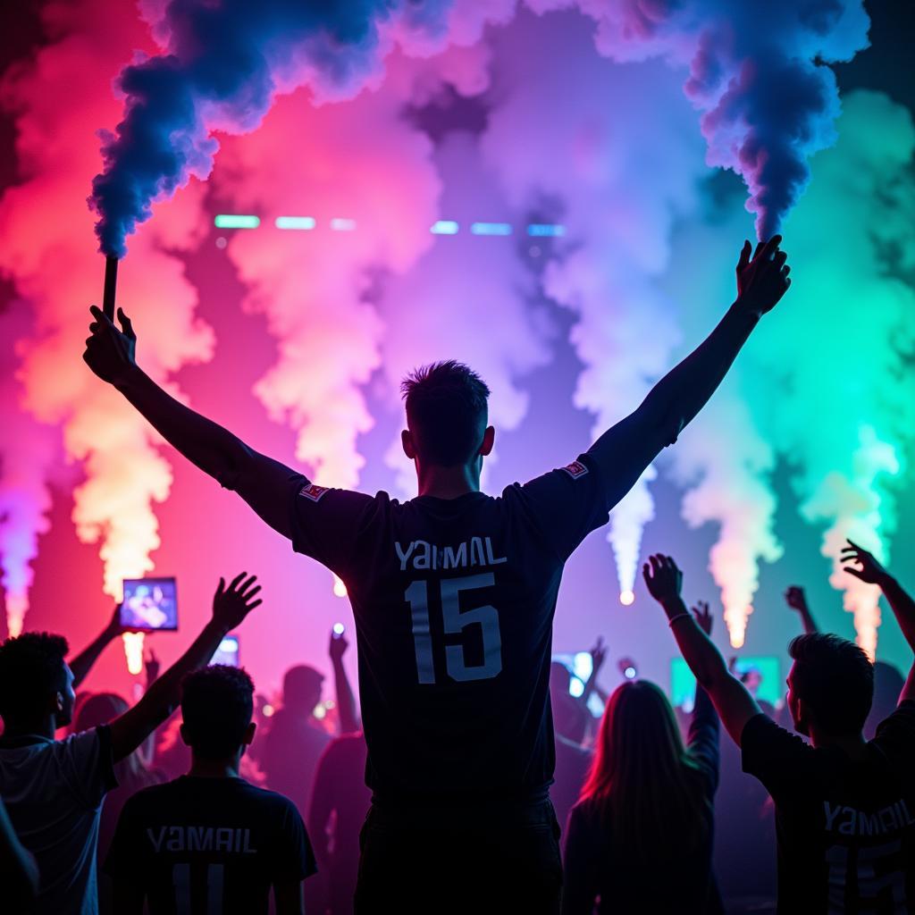 Yamal's fans celebrating a victory with neon smoke bombs