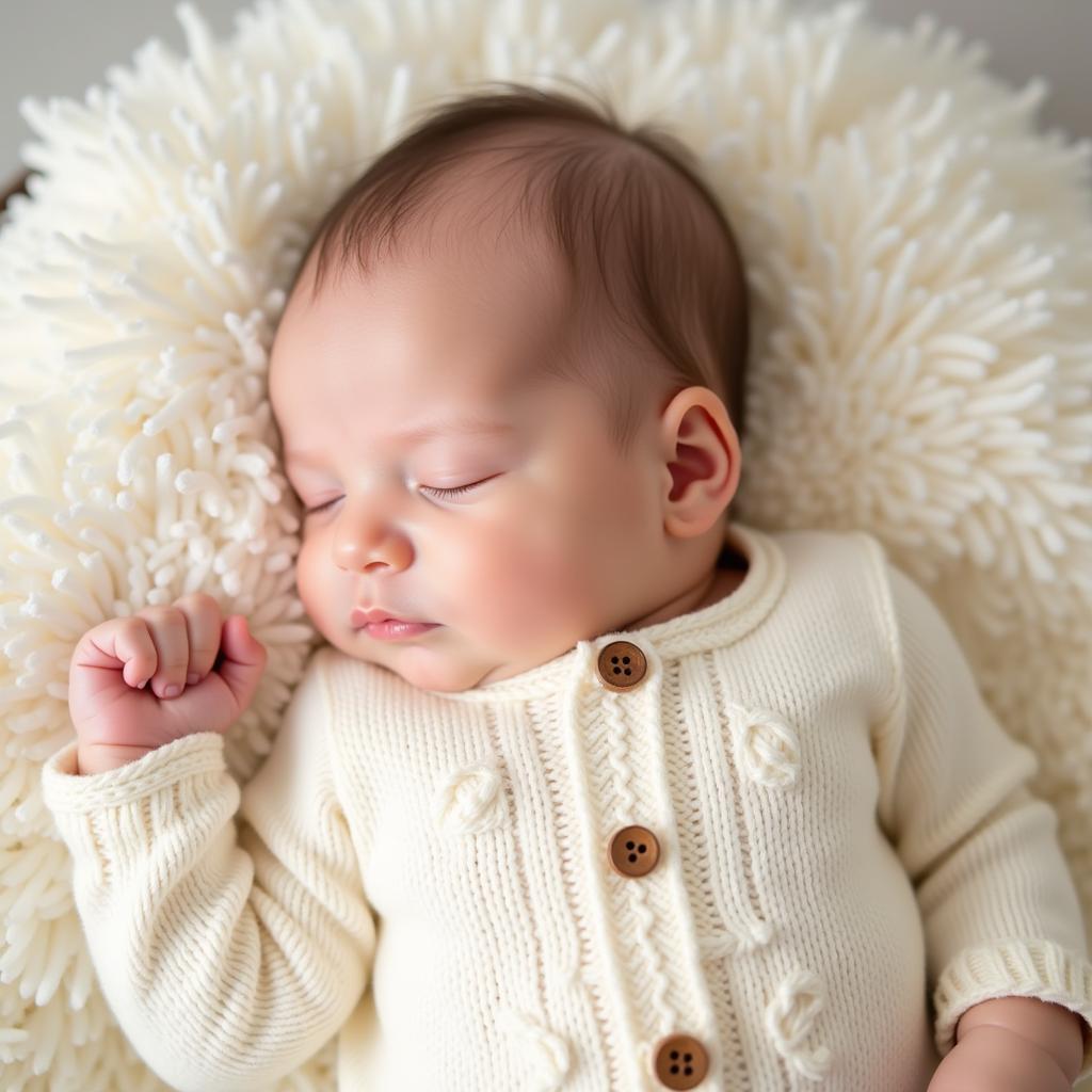 Newborn baby comfortably nestled in a soft, knitted onesie.