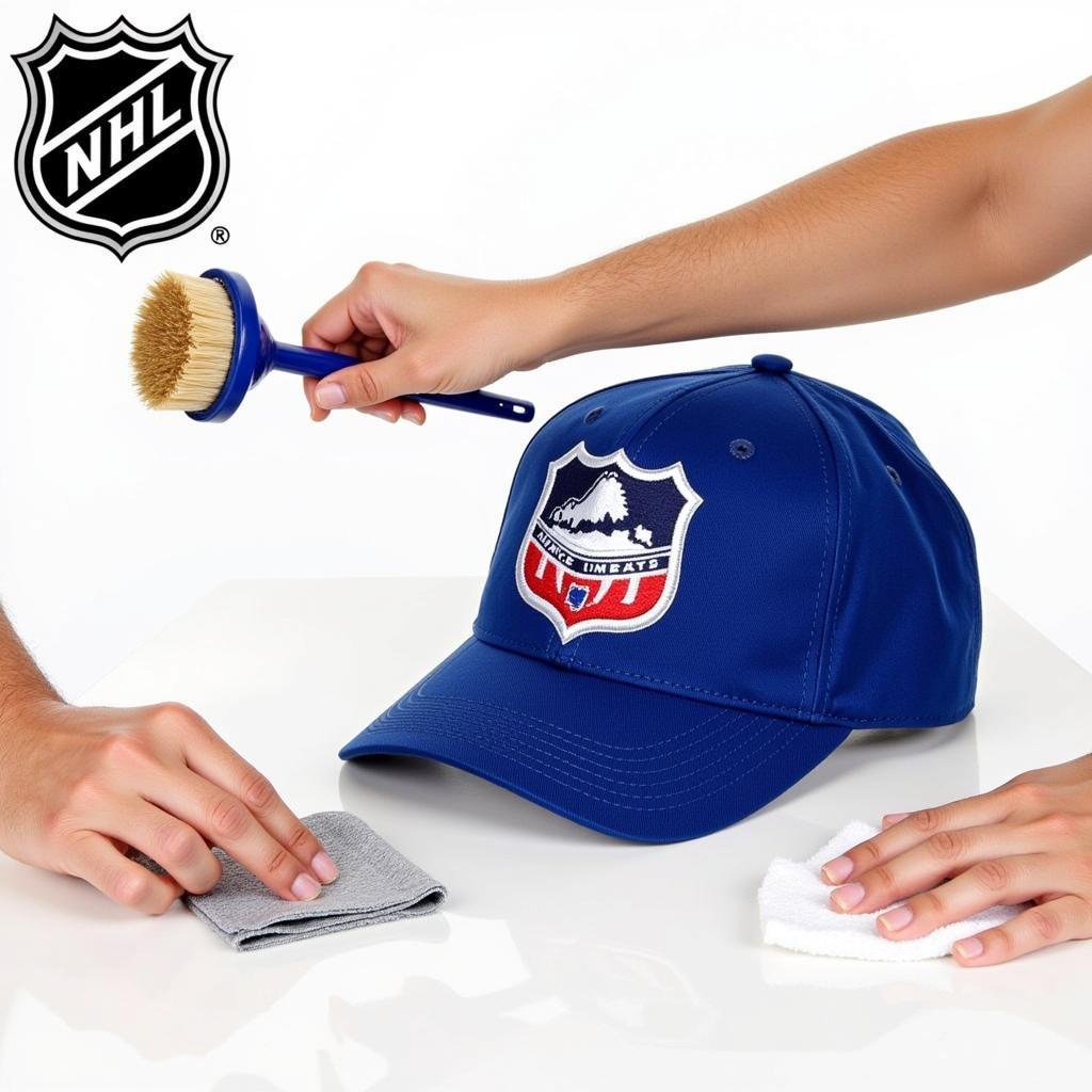 Cleaning an NHL shield hat with a soft brush and cleaning solution.