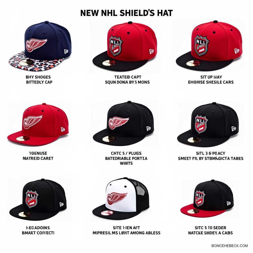 Different styles of NHL shield hats, including fitted, snapback, and trucker styles.