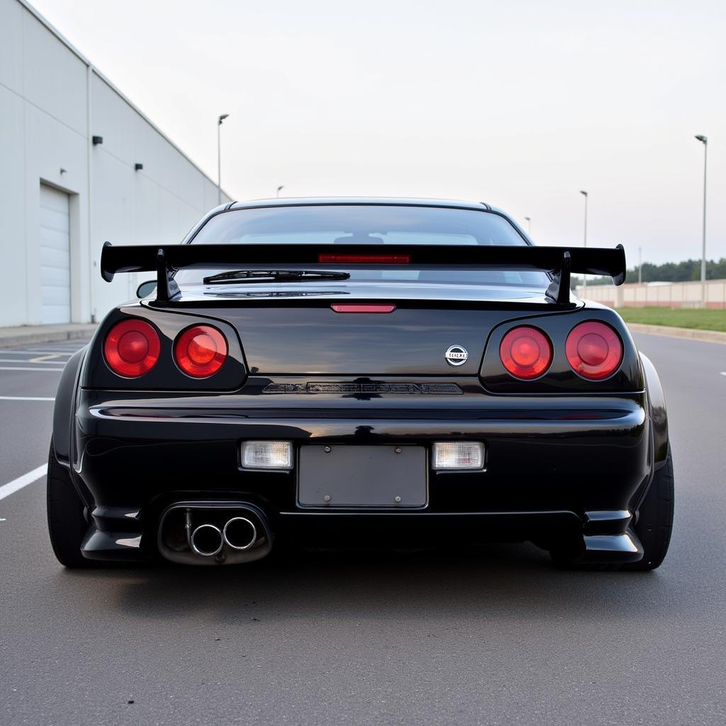 Nissan Skyline R34 widebody rear view highlighting wide fenders, large spoiler, and aftermarket exhaust.