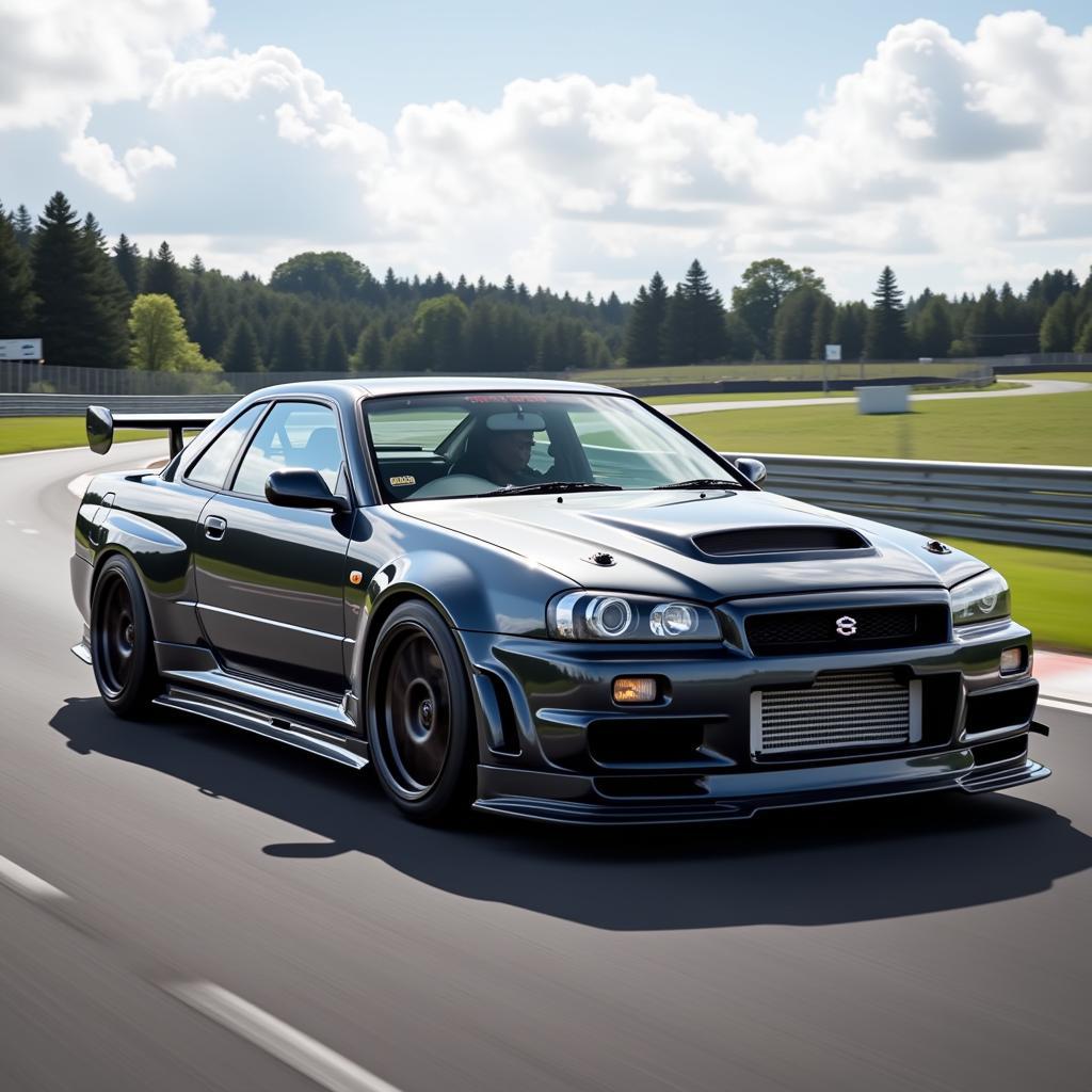 Nissan Skyline R34 widebody on a race track, demonstrating performance capabilities.