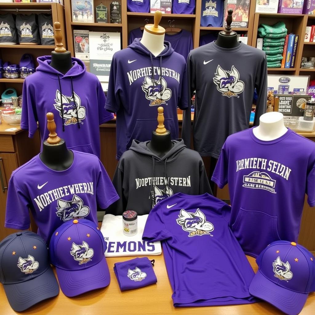 A wide selection of Northwestern State Demons apparel, including t-shirts, hoodies, hats, and more, displayed on racks and mannequins.