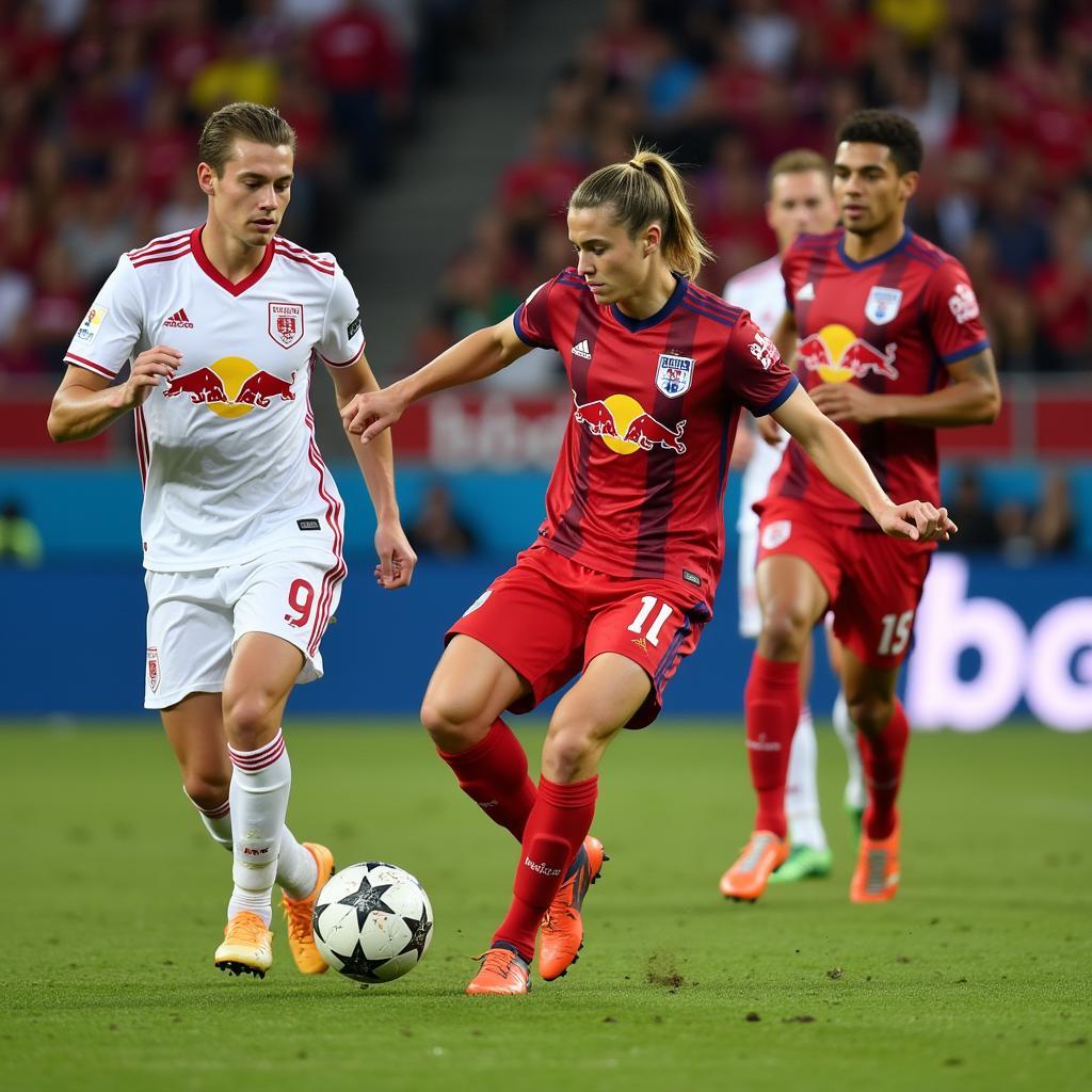 NY Red Bulls midfielders demonstrating their skill and tactical prowess against FC Cincinnati.