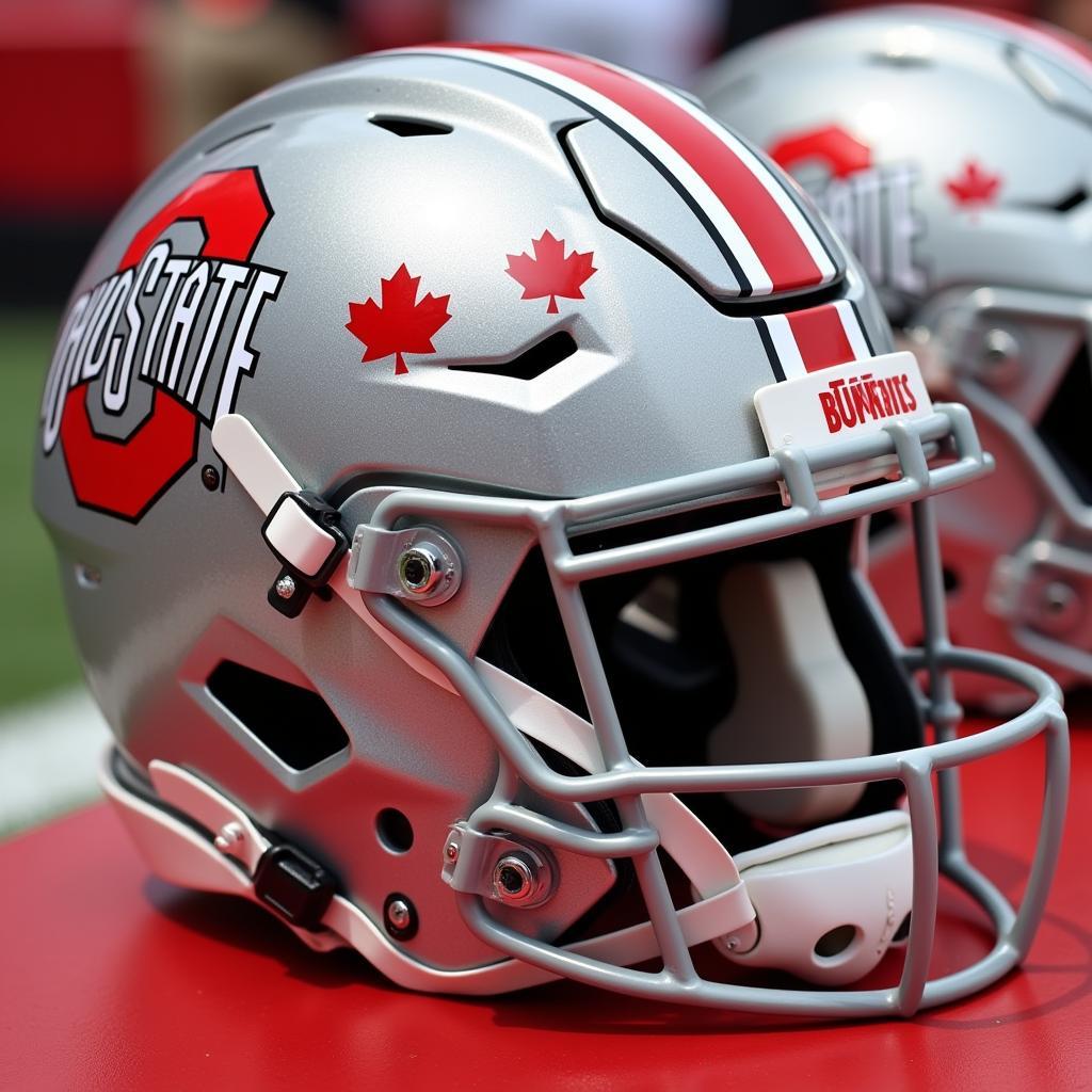 Close-up of a full size Ohio State football helmet