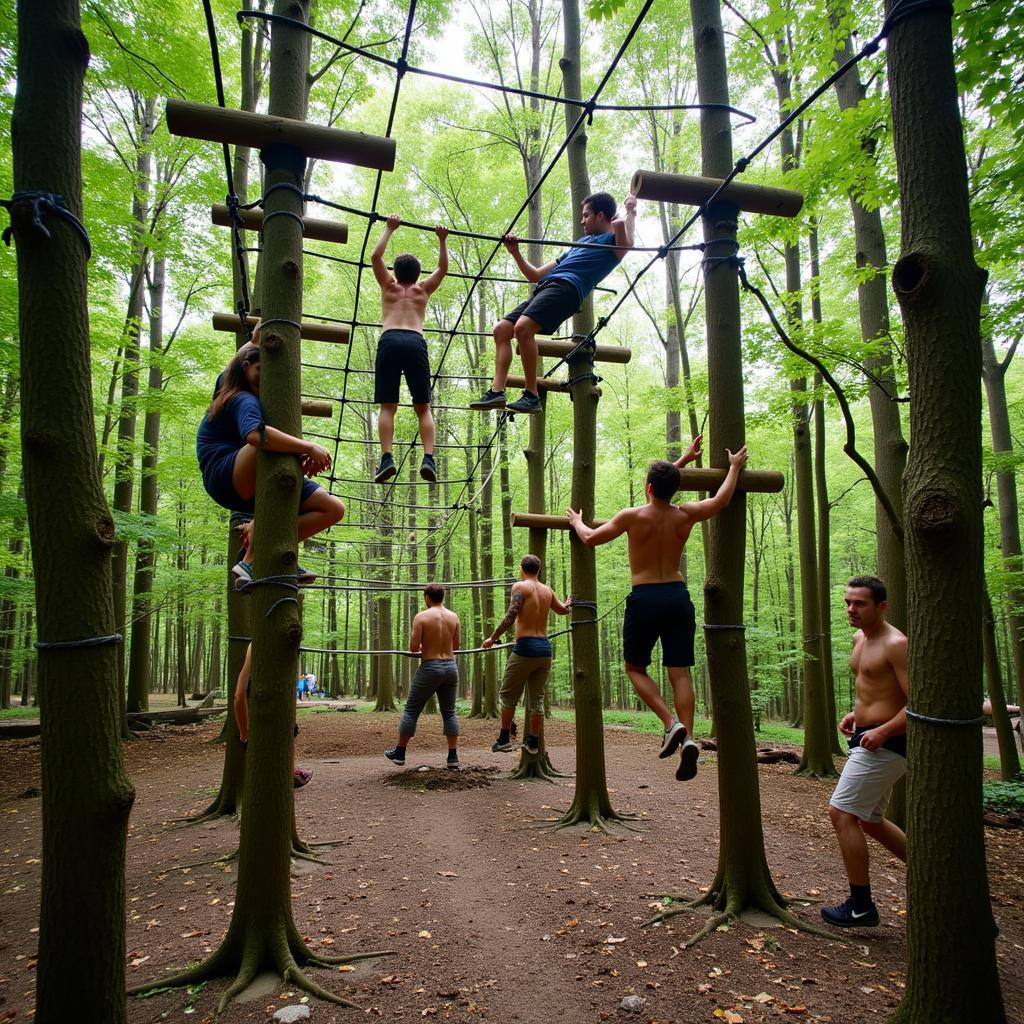 Physical Survivor Challenge Ideas: A group of people navigate a rope obstacle course in a forest, demonstrating teamwork and strength.