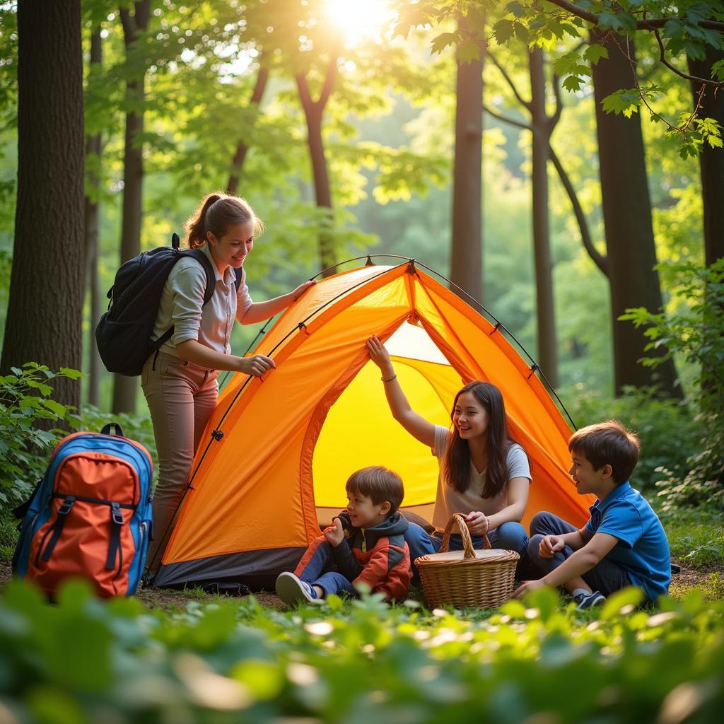 Pitching a tent in the wilderness during a camping trip.