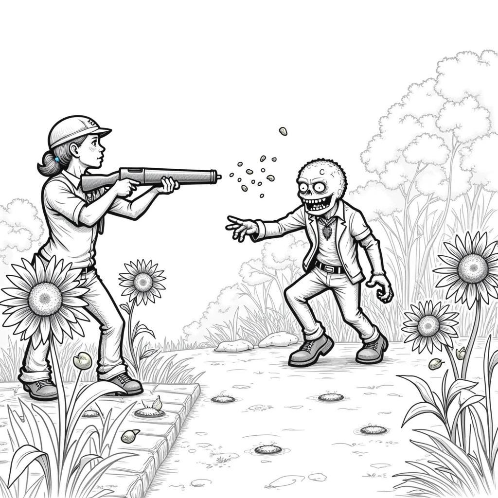 A Peashooter bravely defending against a Zombie horde in a detailed coloring page scene.