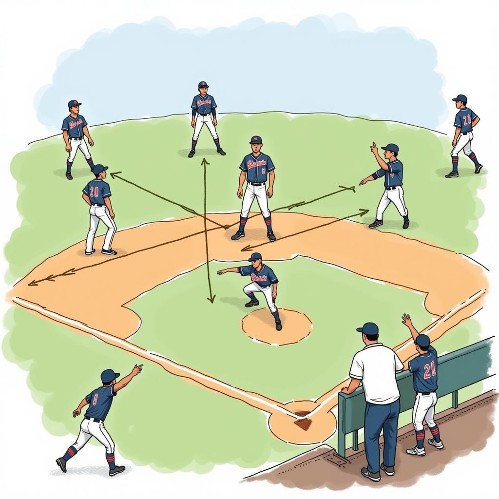 A player stands on first base, the coach giving signals from the dugout, and the infielders positioned strategically.