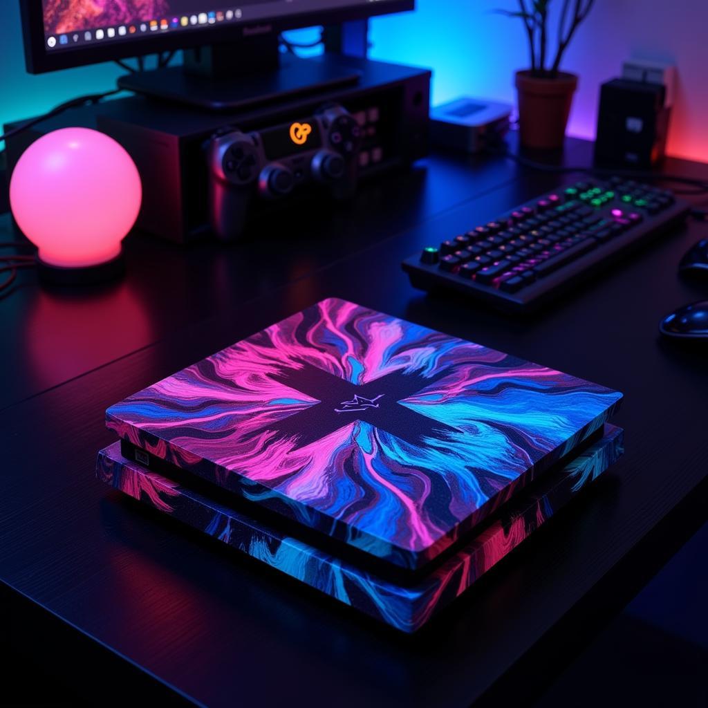 A complete gaming setup featuring a PlayStation console with a custom skin, emphasizing the aesthetic appeal.