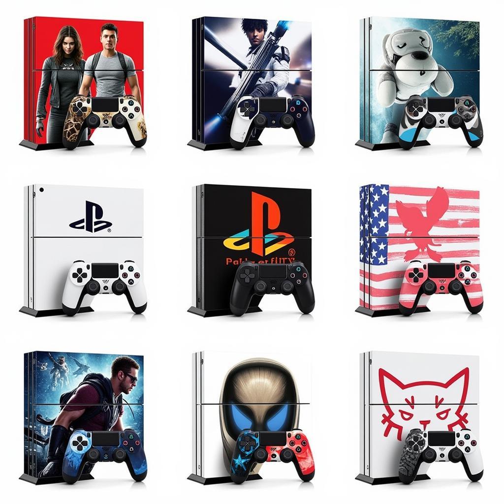 A wide variety of PlayStation console skins showcasing different designs, colors, and themes.