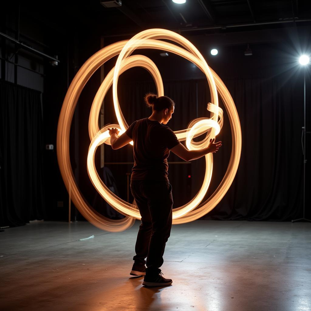 Poi spinner practicing in a studio