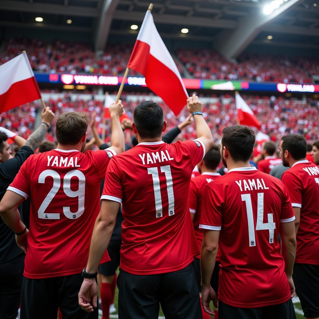 Poland kit worn by Yamal fans celebrating a victory.