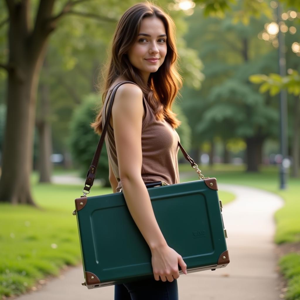 Portable dark green record player in a suitcase style.