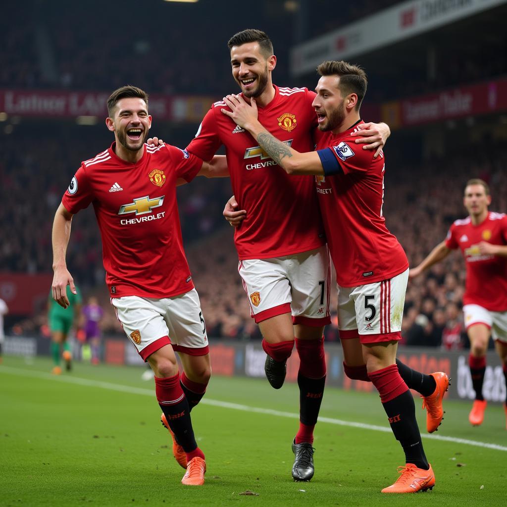 A Premier League player celebrates a goal, proudly displaying his team's badge.