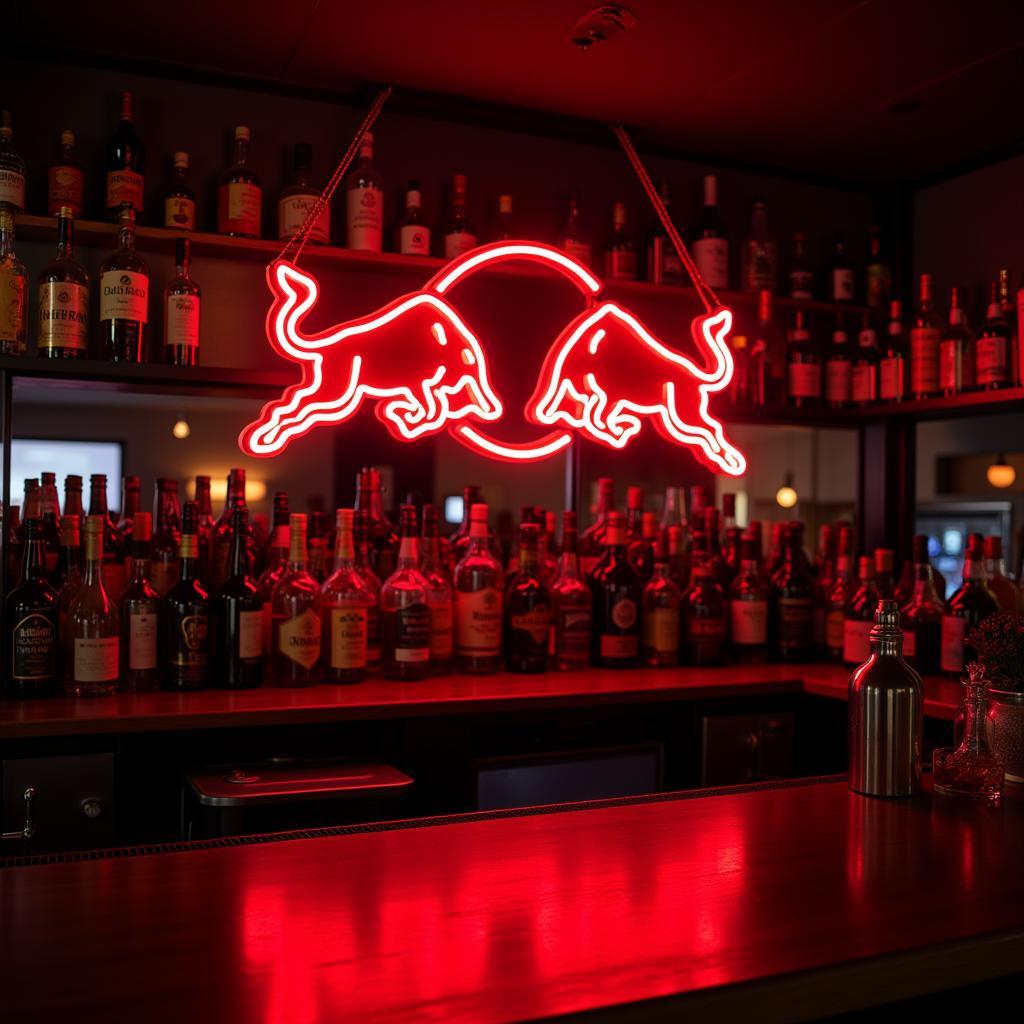 Red Bull Neon Sign in a Bar Setting