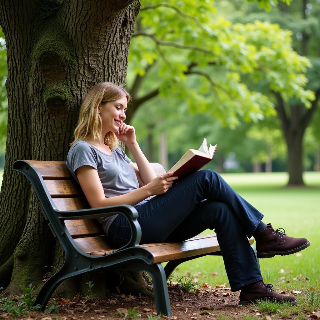 A person sits on a tree hugger bench, reading a book, surrounded by lush greenery.