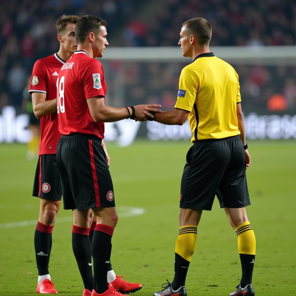 Players attentively listening to a referee's explanation