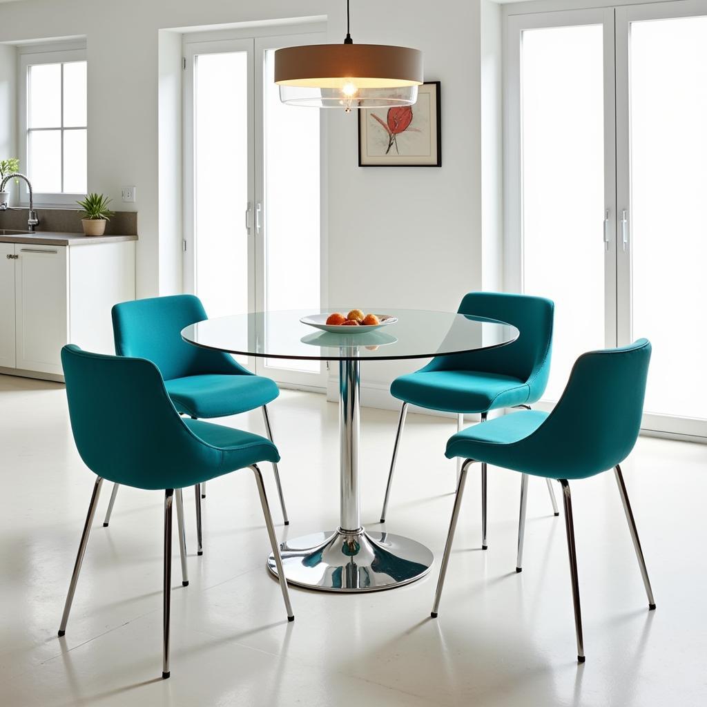 Round Glass Table with Attached Stools in Dining Area