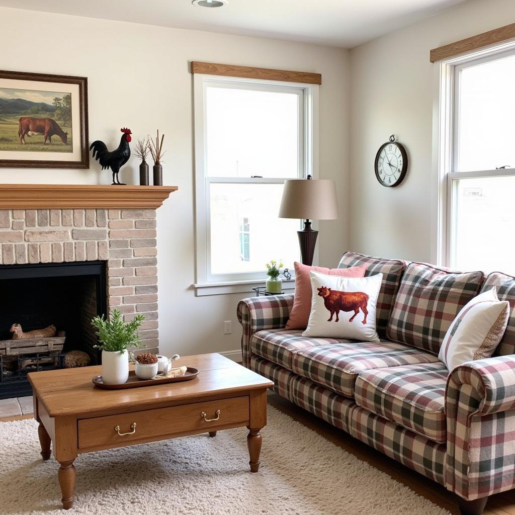 Rustic farm animal decor in a living room setting.